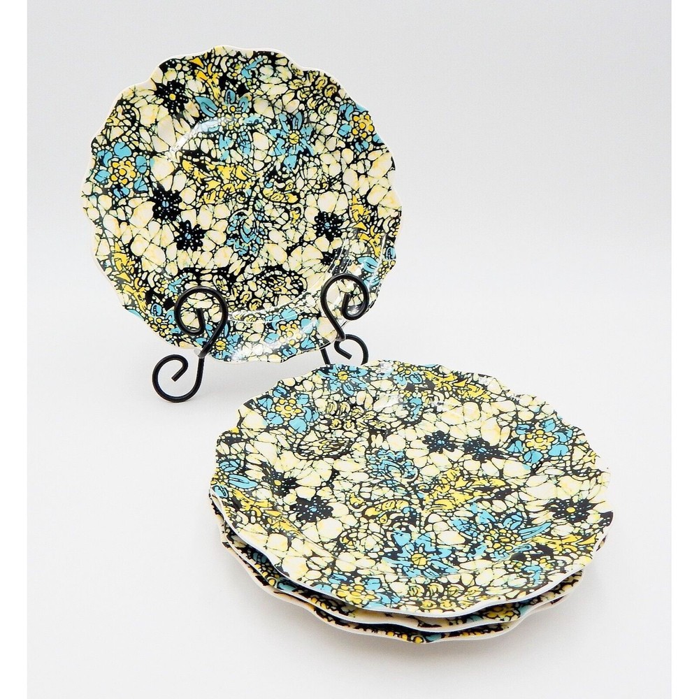 Anthropologie Web Floral Mosaic Scallop Salad Plate 8 Inch Aqua/Blue/Yellow 4 PC